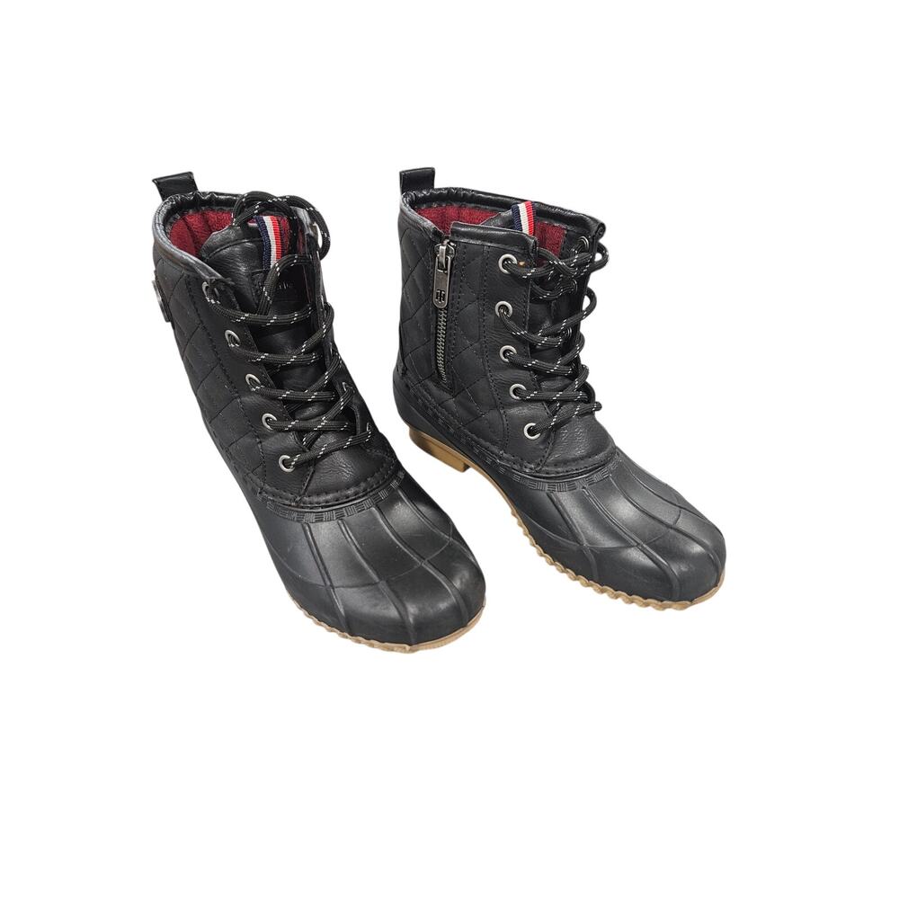 Tommy Hilfiger Duck Boots Womens 6M Black Lace Up Rain Snow Quilted